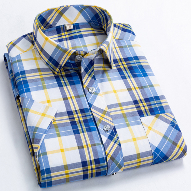 Wholesale custom 100% cotton men yarn dyed colorful checked style short sleeved formal wear shirt