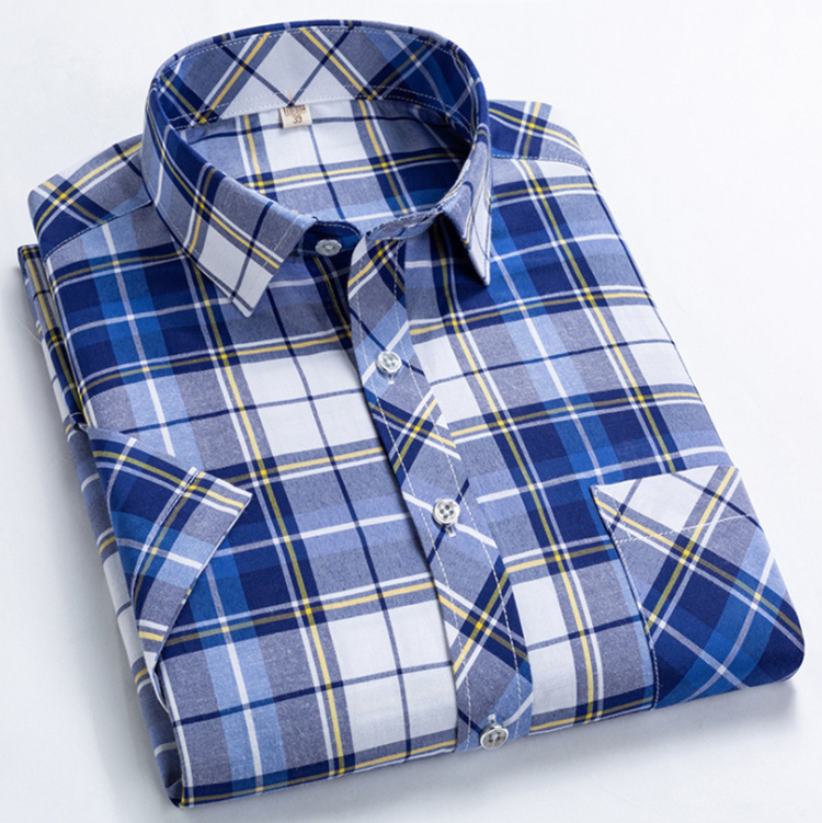 Wholesale custom 100% cotton men yarn dyed colorful checked style short sleeved formal wear shirt