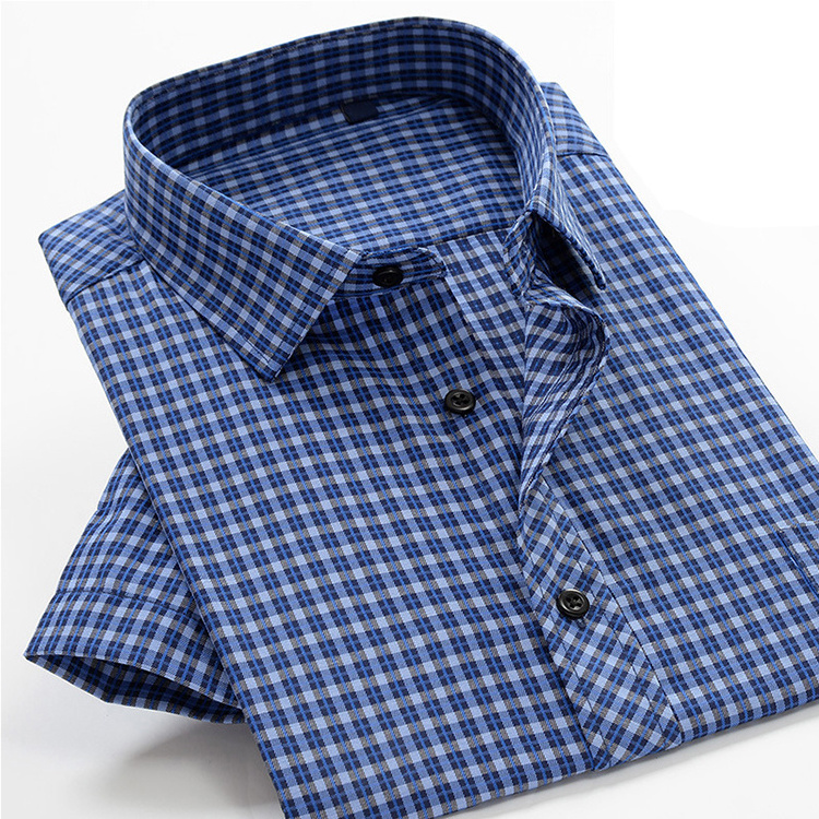 Accept custom woven turn-down collar men summer formal short sleeve plaid dress shirt cotton