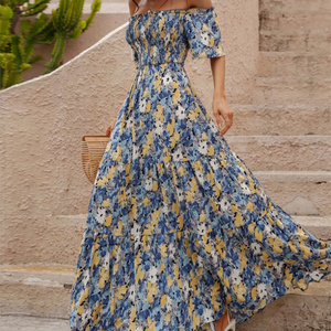 New Off Shoulder Dresses Floral Embroidered Short Sleeves Smoking Maxi Women Dress