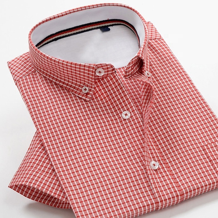 Accept custom woven turn-down collar men summer formal short sleeve plaid dress shirt cotton