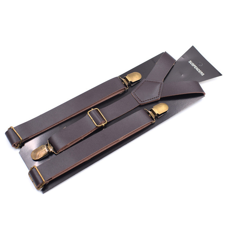 Man's Custom Design Logo 3 Clips Brown Leather Brace Suspenders straps for men