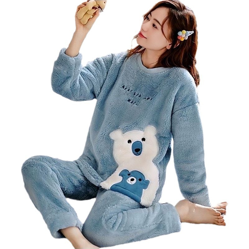 High quality autumn and winter pajamas women's long sleeved cartoon coral velvet warm round neck home suit flannel set