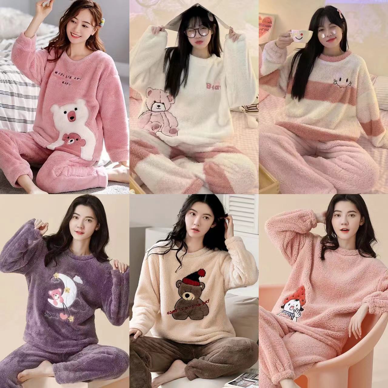 High quality autumn and winter pajamas women's long sleeved cartoon coral velvet warm round neck home suit flannel set