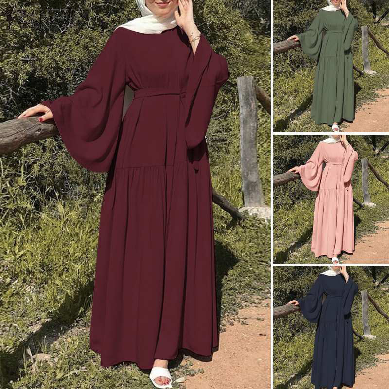 Popular Solid Color Long Pagoda Sleeve Maxi Dress With Belt Elegant Chiffon Abaya Skirt Muslim Dress Islamic Turkish Dubai Abaya