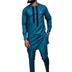 Wholesale African Style Men's Casual Suit 2-piece Long Sleeve Solid Color Patchwork Shirt and Pants Suit