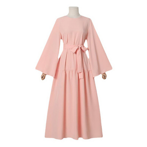 Popular Solid Color Long Pagoda Sleeve Maxi Dress With Belt Elegant Chiffon Abaya Skirt Muslim Dress Islamic Turkish Dubai Abaya