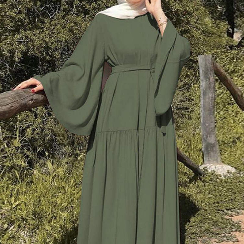 Popular Solid Color Long Pagoda Sleeve Maxi Dress With Belt Elegant Chiffon Abaya Skirt Muslim Dress Islamic Turkish Dubai Abaya