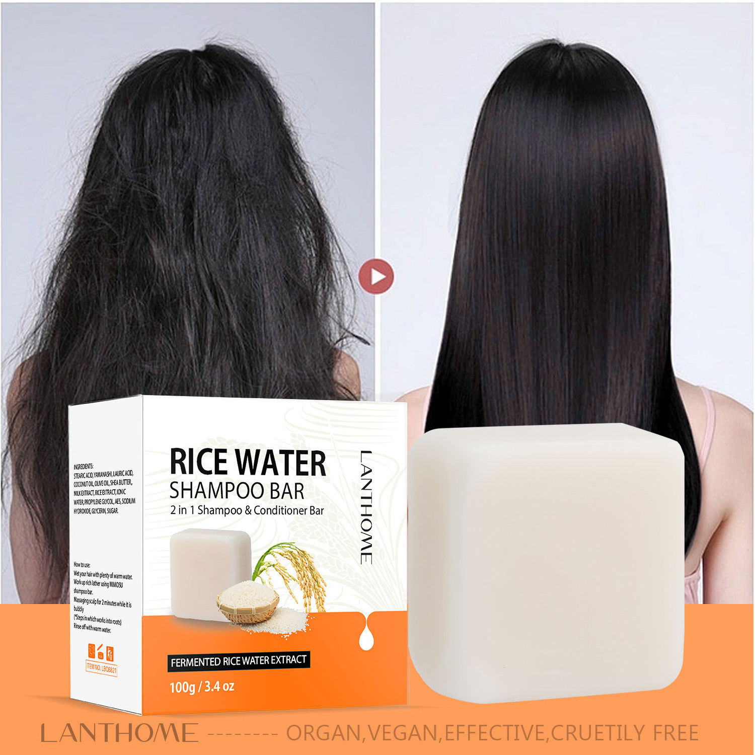 Lanthome High Quality Organic Moisturizing Recovery Dry Damaged Hair Rice Water Hair Soap 100ml