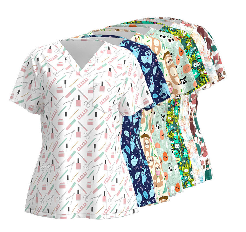 Men Momen V Neck Nursing Scrub Uniforms Printed Scrubs Top Cartoon Medical Uniform Stretch Scrubs Tops