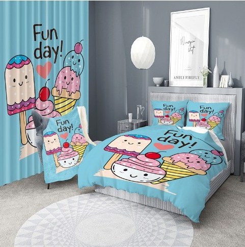 Children'S Room Decoration Polyester Cotton Bedding Set Duvet Cover With Matching Curtain Blanket Unicorn Cartoon 6Pc Digital