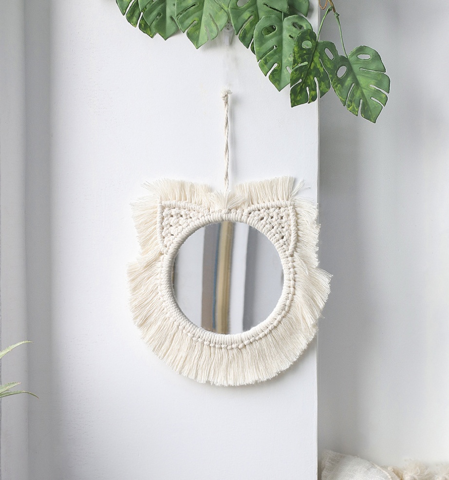 Boho Chic Bohemian cord woven hanging wall round mirror decor with Macrame Fringe flower cute design for New Year Christmas Gift