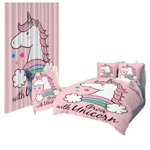 Children'S Room Decoration Polyester Cotton Bedding Set Duvet Cover With Matching Curtain Blanket Unicorn Cartoon 6Pc Digital