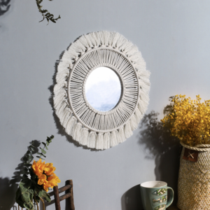 Boho Chic Bohemian cord woven hanging wall round mirror decor with Macrame Fringe flower cute design for New Year Christmas Gift