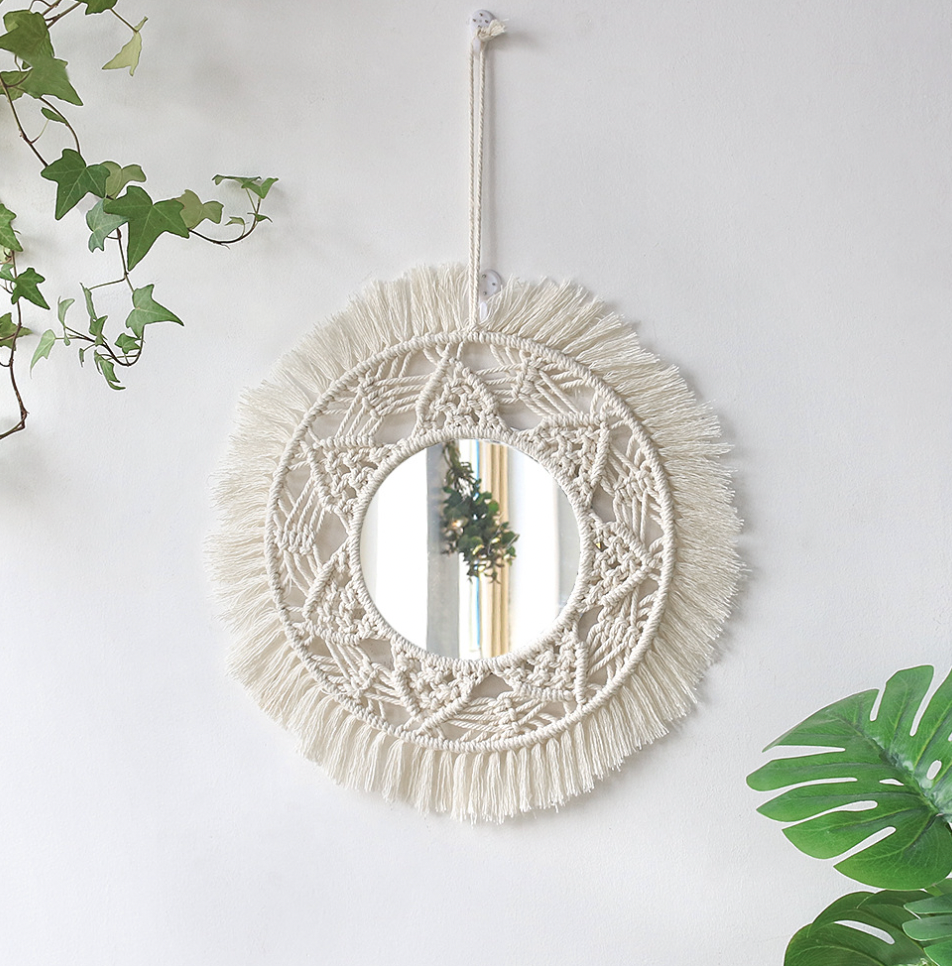 Boho Chic Bohemian cord woven hanging wall round mirror decor with Macrame Fringe flower cute design for New Year Christmas Gift