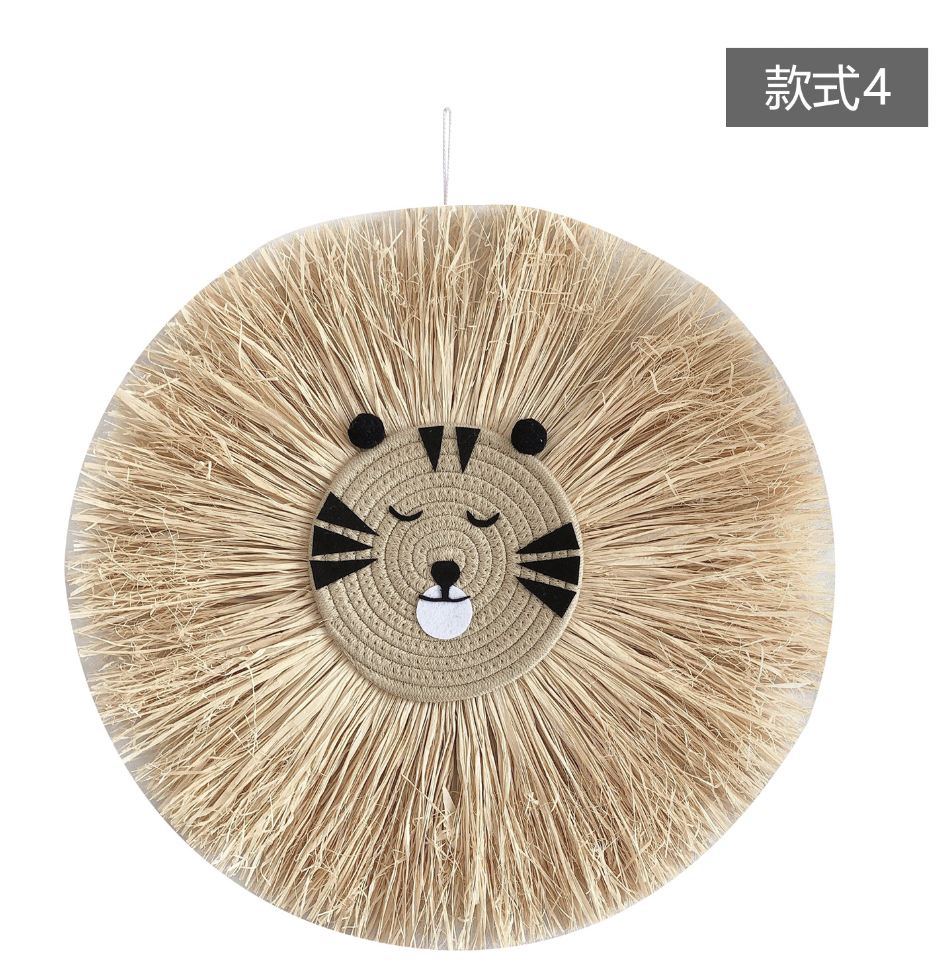 Cute Raffia Nordic Handmade Lion Animal Kids Living Room Decor Home Accessories Wall Hanging Decoration Art Craft