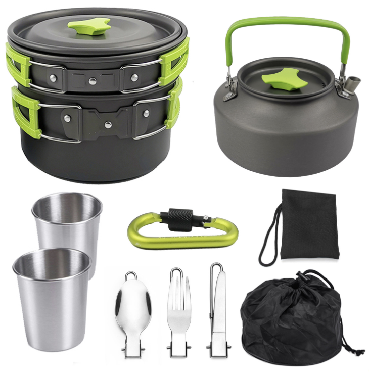 Outdoor Aluminum non stick camping easy cooking sets pots pans and kettles with cutlerys and stove