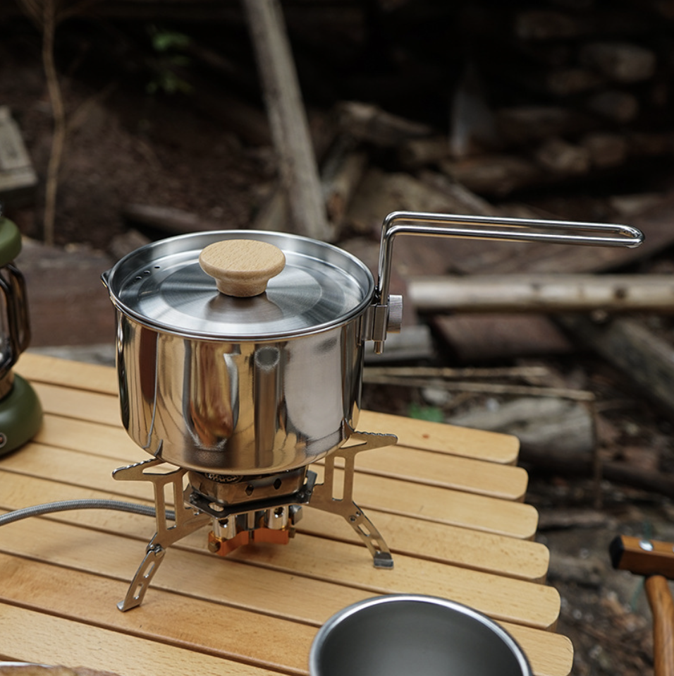 SOLO WILD Outdoor Multifunctional Camping Pot Kettle 304 Durable Portable Stainless Steel Kettle 1 Liter Capacity Teapot Folding