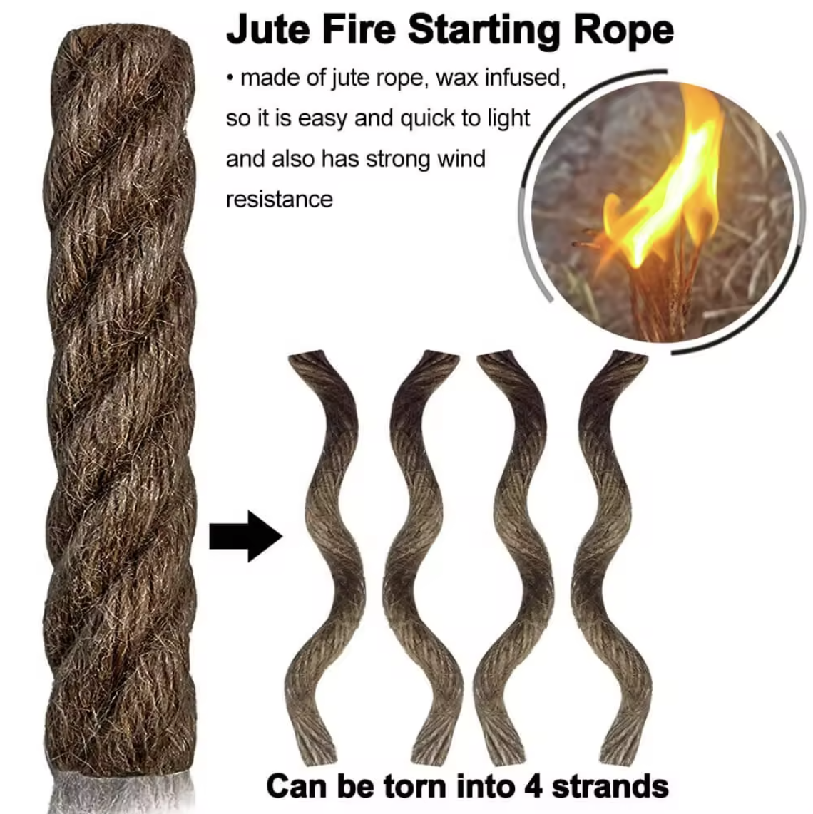 SOLO WILD Natural Tinder Fire Starter Rod Jute Rope Wax Survival Multi Tool Camping Backpacking Waterproof Hiking Gears Kit