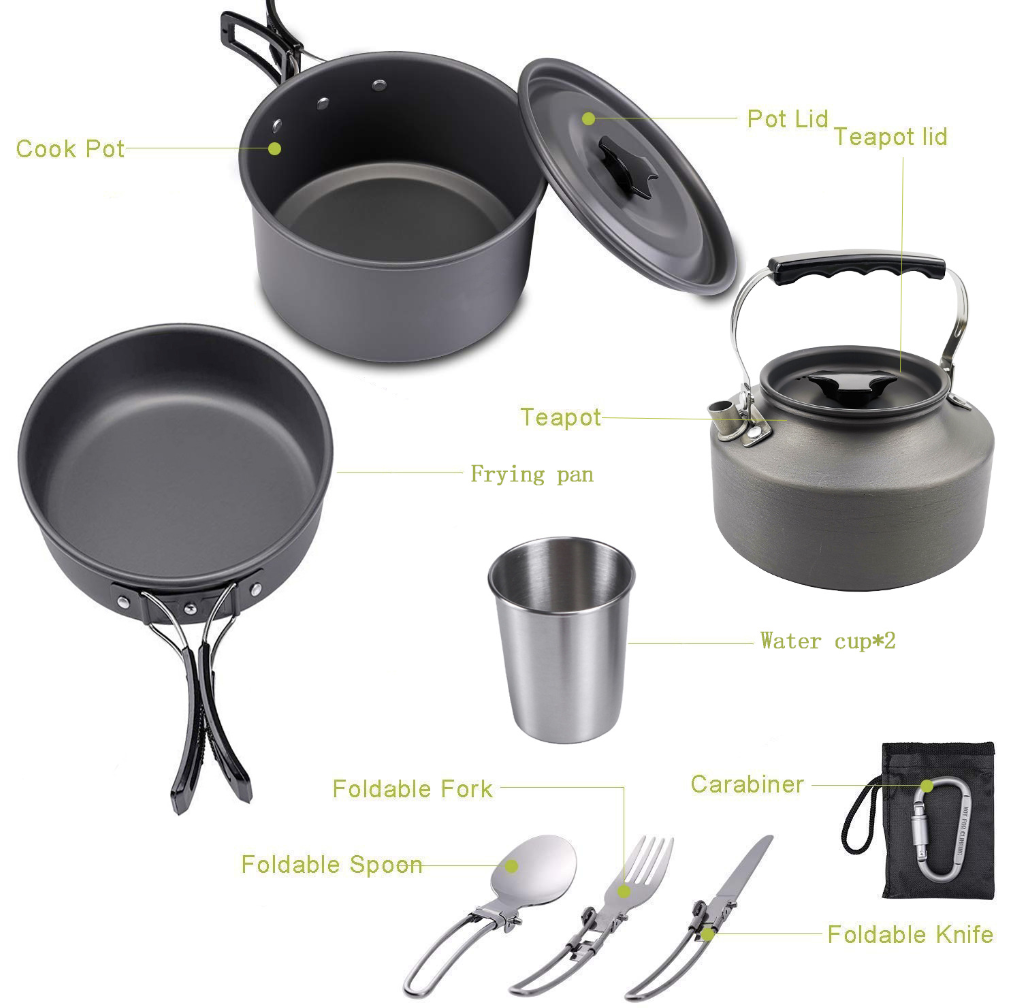 Outdoor Aluminum non stick camping easy cooking sets pots pans and kettles with cutlerys and stove