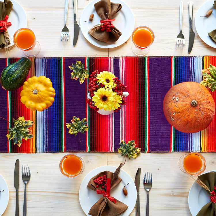 14 by 84 Inch Mexican Serape Table Runner Mexican Colorful Cotton Fringe Table Runners Blanket for Mexican Party