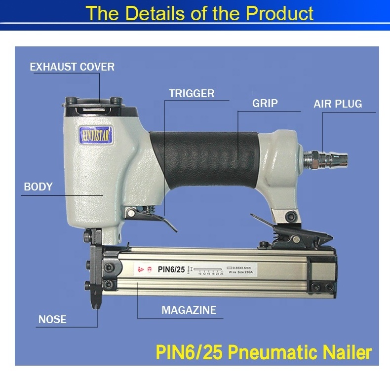 XINYI P625 23 gauge airpower pneumatic headless pinner air pin nailer 23 ga cordless P635 sofa pin sofa nails head pin factory