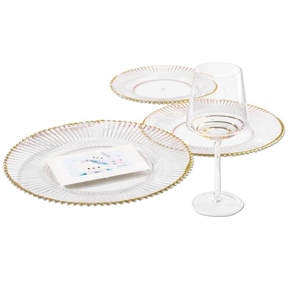 Hot Sales Bulk Luxury Round  Dessert Reusable  Crystal Glass Plate Gold Rim Charger Plates For Party Wedding Party Restaurant