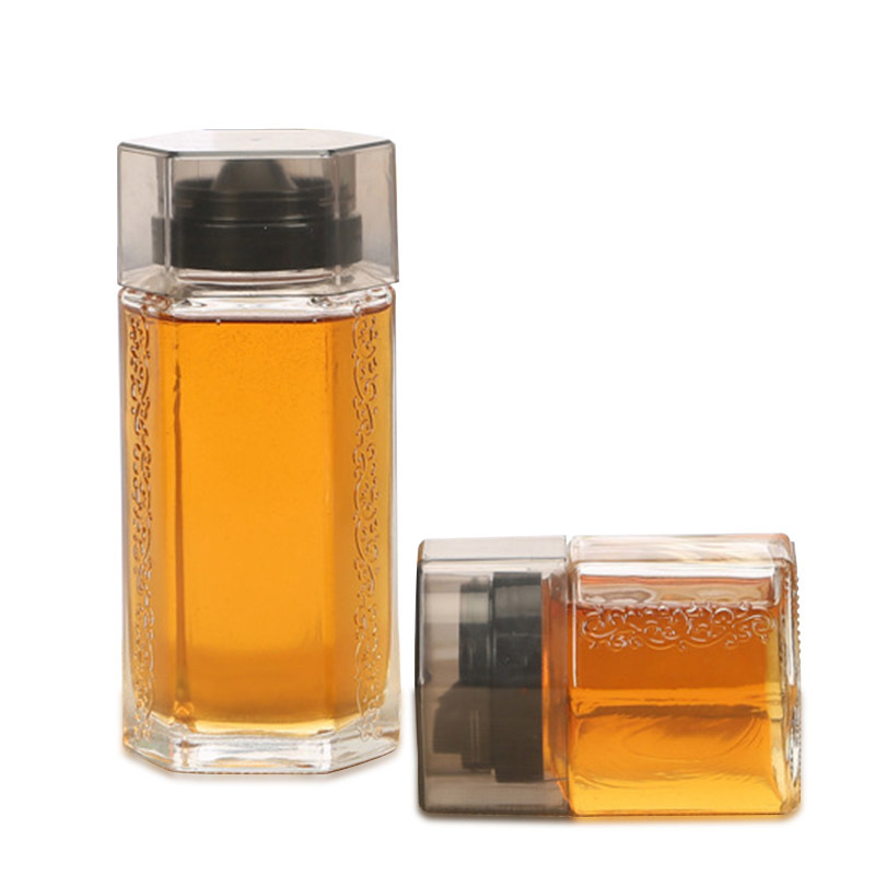 New products unique 350g/700g hexagonal glass jar honey dispenser honey jam cooking oil bottle jar with plastic lid