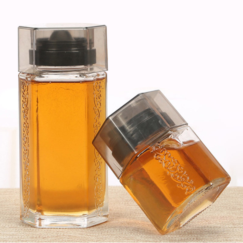 New products unique 350g/700g hexagonal glass jar honey dispenser honey jam cooking oil bottle jar with plastic lid