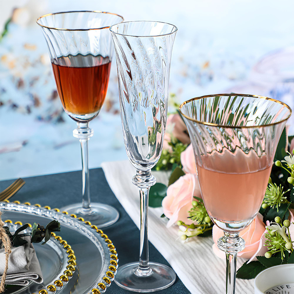 200ML Wedding Decoration Crystal Vertical Flower Clear Champagne Flute Glasses 420ML Wine Goblet Set Glasses With Gold Rim