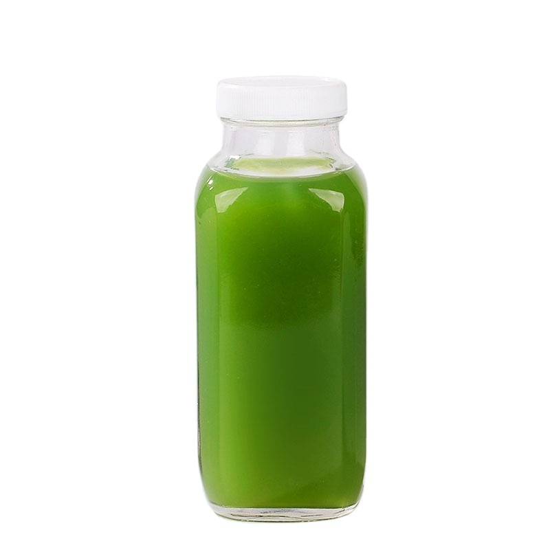 Stocked wholesale 8oz 12oz 16oz cold pressed french square glass juice bottle with plastic lid