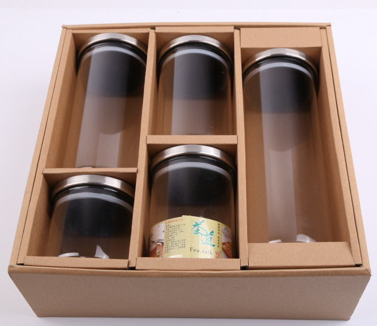 Luxury borosilicate hot sale set package box glass storage jar with stainless steel sealed lid