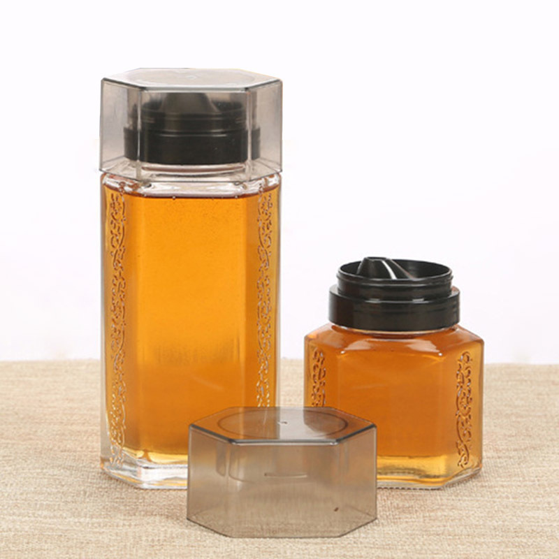 New products unique 350g/700g hexagonal glass jar honey dispenser honey jam cooking oil bottle jar with plastic lid