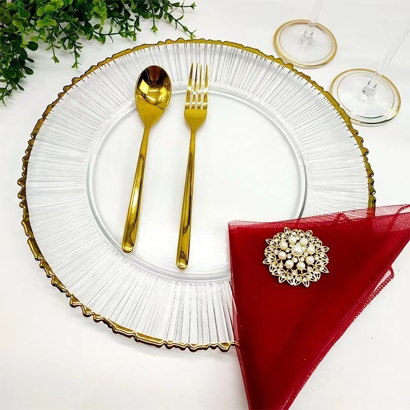 Hot Sales Luxury Round Clear Decorative Wedding  Dessert Plates Glass Charger 13 Inch Dinner Plate With gold Rim