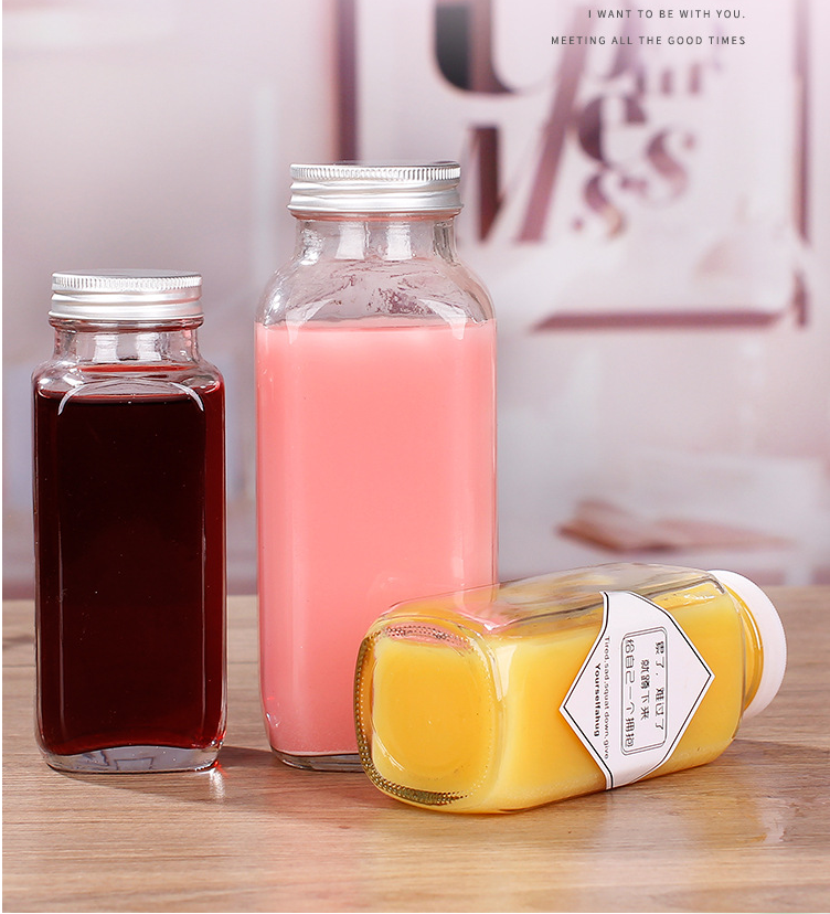 Stocked wholesale 8oz 12oz 16oz cold pressed french square glass juice bottle with plastic lid