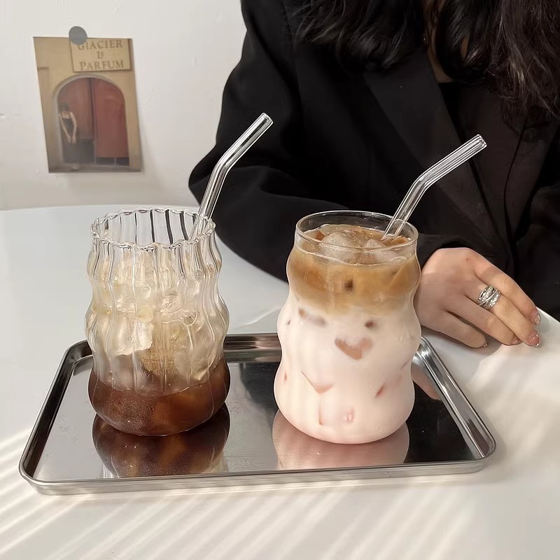 High borosilicate glass ins wind high appearance level coffee cup home juice with straw milk thread cup cloud cup