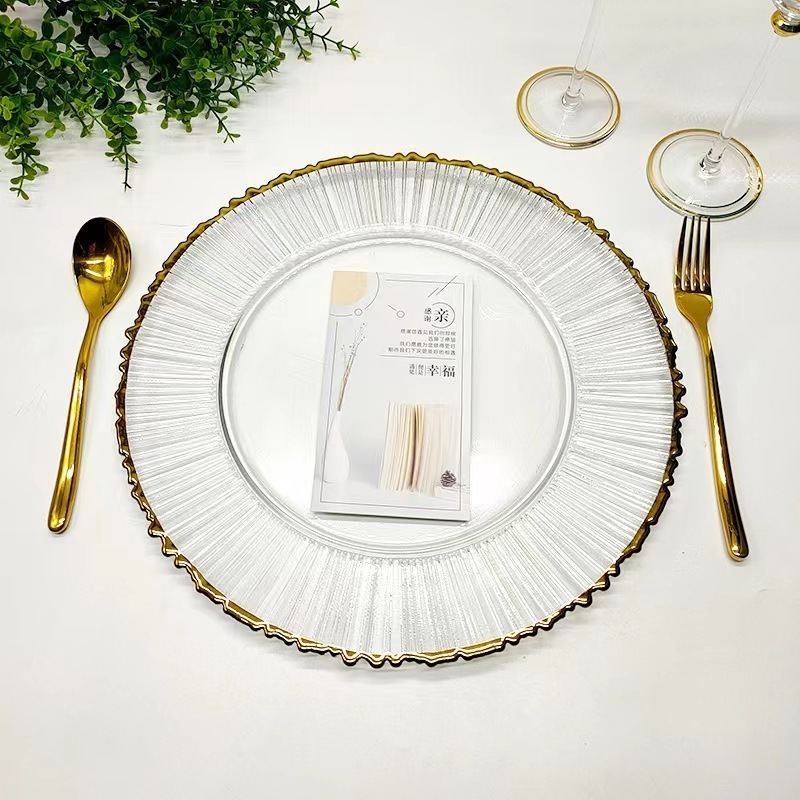 Hot Sales Luxury Round Clear Decorative Wedding  Dessert Plates Glass Charger 13 Inch Dinner Plate With gold Rim