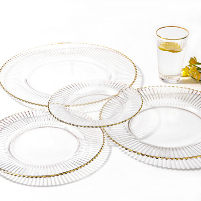 Hot Sales Bulk Luxury Round  Dessert Reusable  Crystal Glass Plate Gold Rim Charger Plates For Party Wedding Party Restaurant