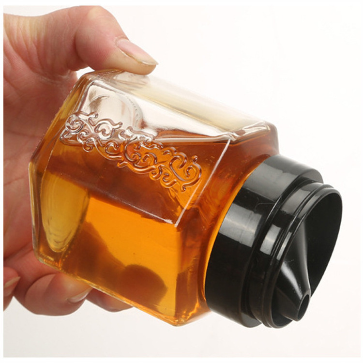 New products unique 350g/700g hexagonal glass jar honey dispenser honey jam cooking oil bottle jar with plastic lid