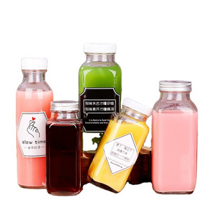 Stocked wholesale 8oz 12oz 16oz cold pressed french square glass juice bottle with plastic lid