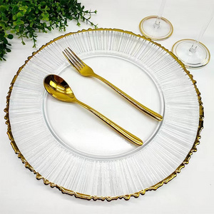 Hot Sales Luxury Round Clear Decorative Wedding  Dessert Plates Glass Charger 13 Inch Dinner Plate With gold Rim