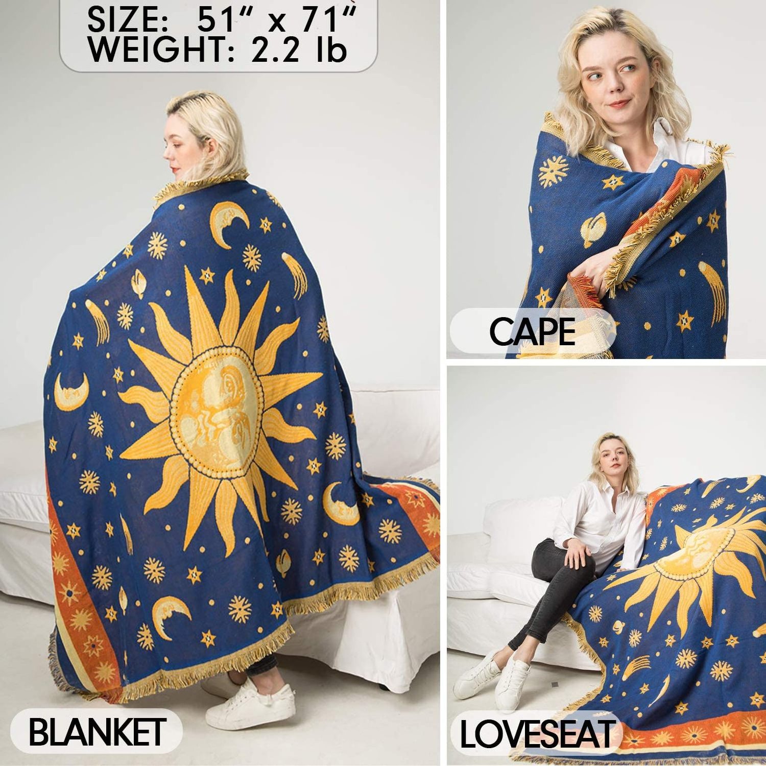 Sun And Moon Stars Hippie Throw Blanket and Double-sided Reversible Woven Cotton Home Decor Celestial Tapestry Chair Couch Cover