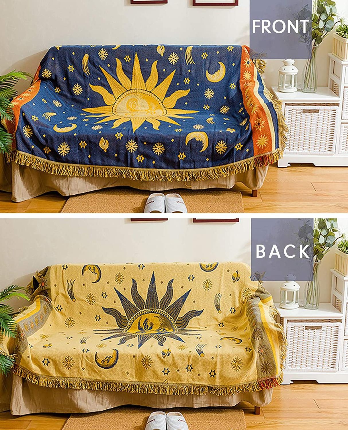 Sun And Moon Stars Hippie Throw Blanket and Double-sided Reversible Woven Cotton Home Decor Celestial Tapestry Chair Couch Cover