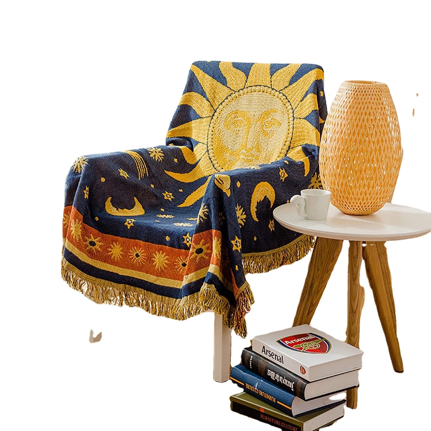 Sun And Moon Stars Hippie Throw Blanket and Double-sided Reversible Woven Cotton Home Decor Celestial Tapestry Chair Couch Cover