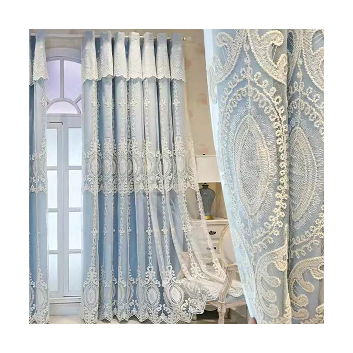 European Style Embroidery Lace Luxury Blackout Double Layers Curtain for Bedroom Living Room All-season