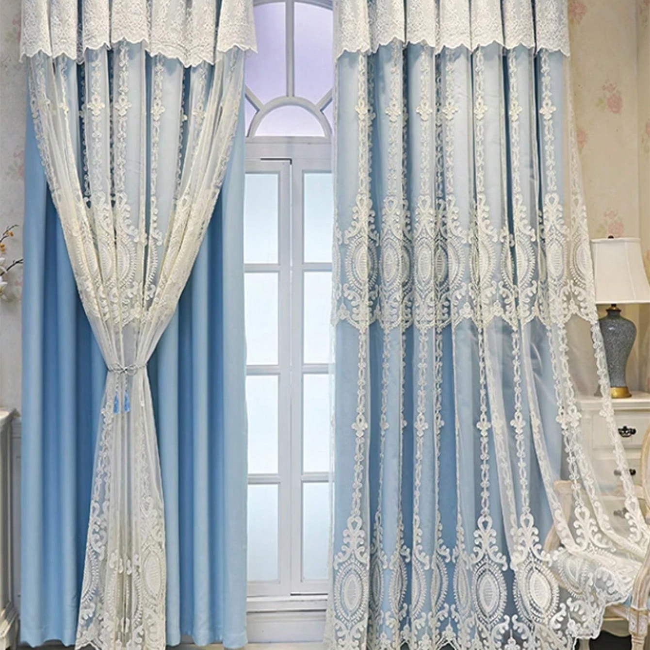 European Style Embroidery Lace Luxury Blackout Double Layers Curtain for Bedroom Living Room All-season