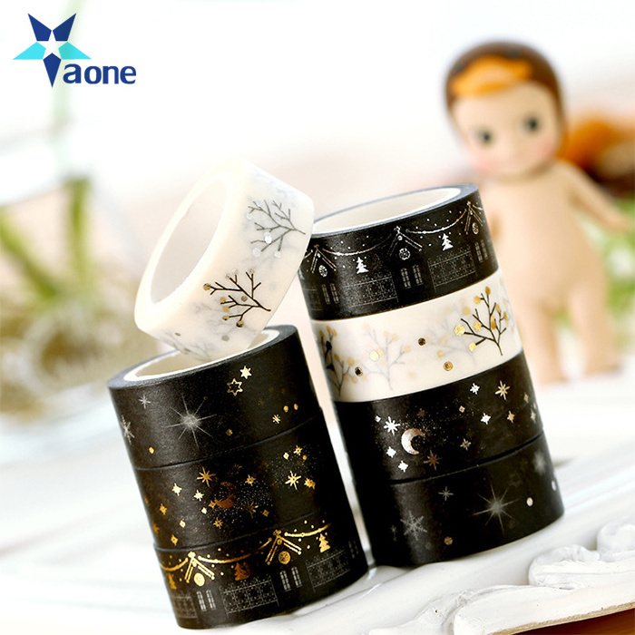 Custom Printing Kawaii Christmas Gold Black White Washi Tape DIY Textured Paper Decorative Masking Sticker Adhesive Tape