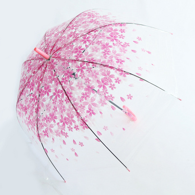 Custom Women's Rain Umbrella Transparent Clear Cherry Blossom Mushroom Sakura Printed Dome Rain Princess Long Handle Umbrella