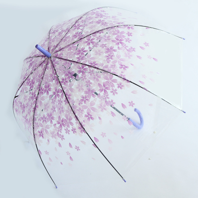 Custom Women's Rain Umbrella Transparent Clear Cherry Blossom Mushroom Sakura Printed Dome Rain Princess Long Handle Umbrella