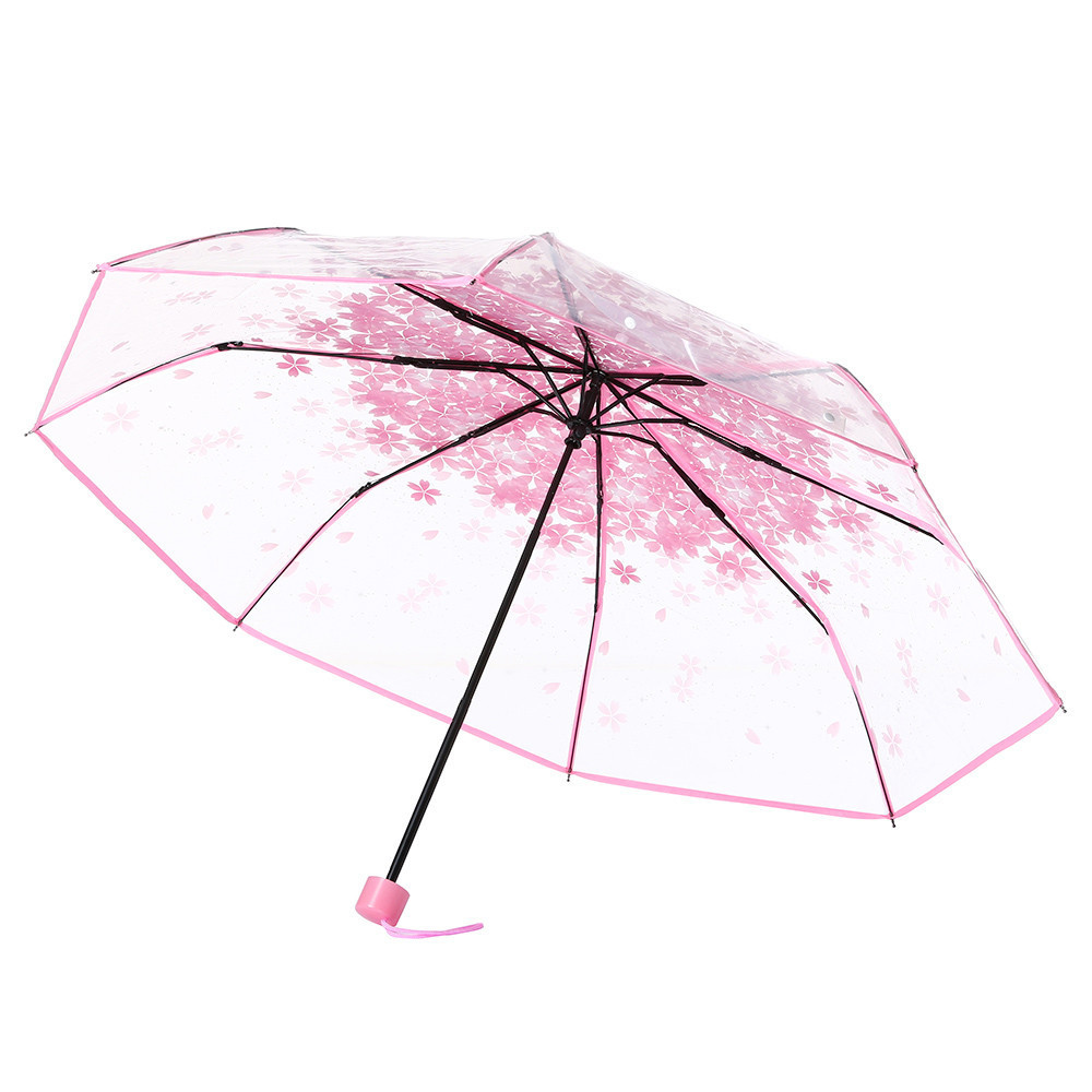 Fashion Flower Print Anti-UV Sun Rain Umbrella Transparent Clear Cherry Blossom Sakura 3 Fold Umbrella For Girls Woman